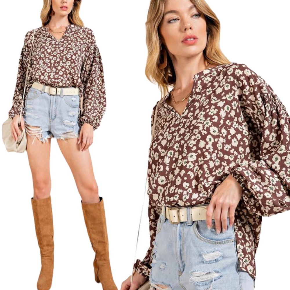 KORI Chocolate Brown Floral Long Sleeve Hi-Lo Blouse